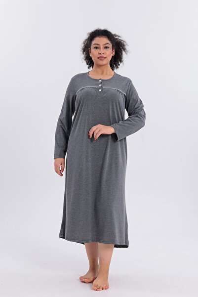 Mio Vero Women's Piped Long Sleeve Cotton Plus Size (Oversized) Nightgown