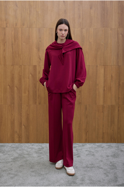 Birgül Bektaş Burgundy Shawl Detailed Sweatshirt