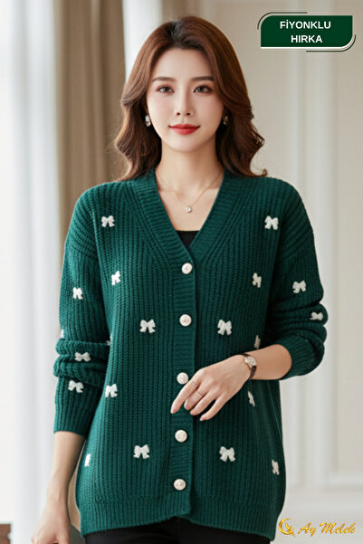 AYMELEK Women's Knitwear Cardigan Buttoned V-Neck Short Bow Detailed Textured Cardigan