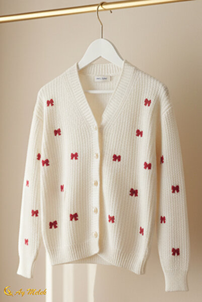 AYMELEK Women's Knitwear Cardigan Buttoned V-Neck Short Bow Detailed Textured Cardigan