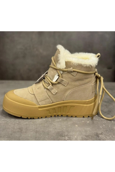 GAMELU Tape Women's Beige Genuine Leather Fur Thick Platform Sole Velcro Winter Comfortable Snow Boots Postal Shoes