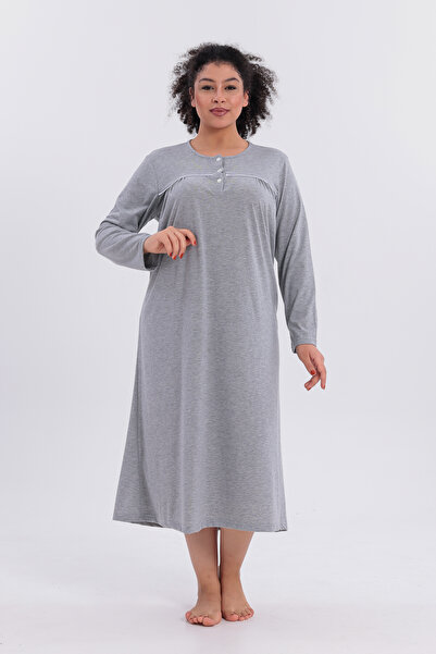 Mio Vero Women's Piped Long Sleeve Cotton Plus Size (Oversized) Nightgown