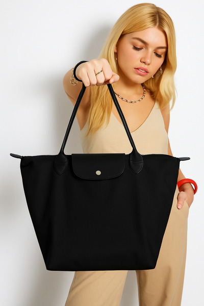 Madame Folding Zippered Large Size Women's Hand and Shoulder Bag Black