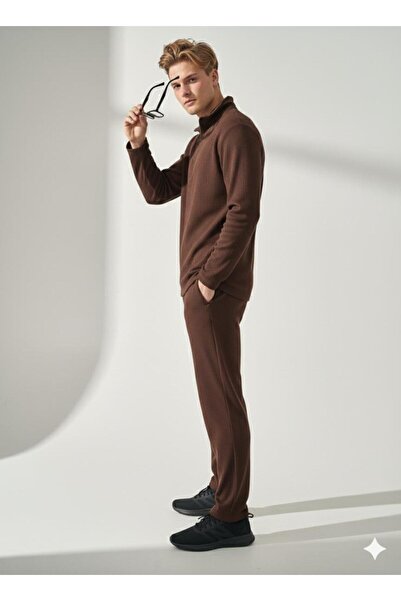 ribana Unisex Corded Fabric Shirt Collar Zippered Pocket Elastic Waist Knitwear Bottom Top Set