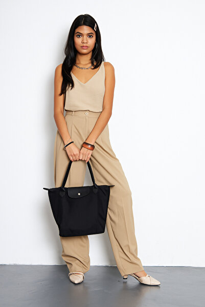 Madame Folding Zippered Large Size Women's Hand and Shoulder Bag Black a Black