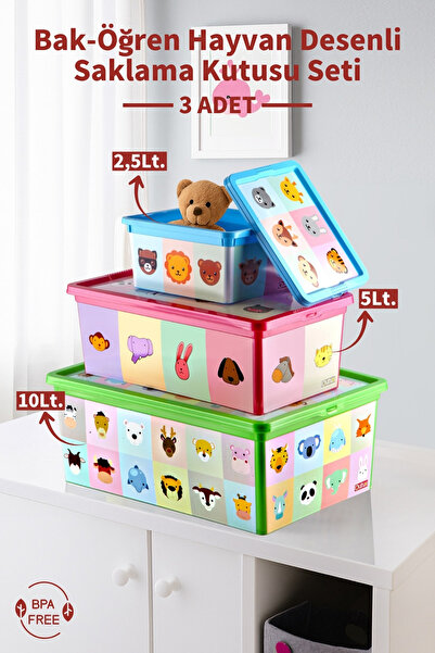 Nandy Home 3'lü Bak-Öğren Hayvan Desenli Çok Amaçlı Saklama Kutusu Seti 2,5-5...