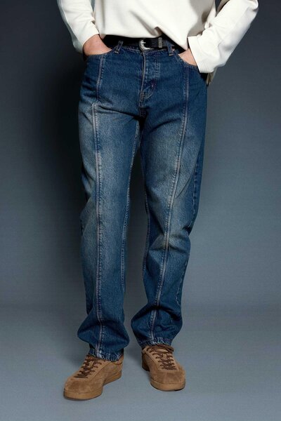 ablukaonline Men's Front Seam Detailed Washed Baggy Jeans Dark Blue