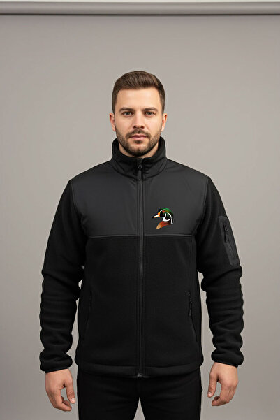 WİDİ Hunting Duck Printed Mock Neck Paneled Black Softshell Fleece Jacket