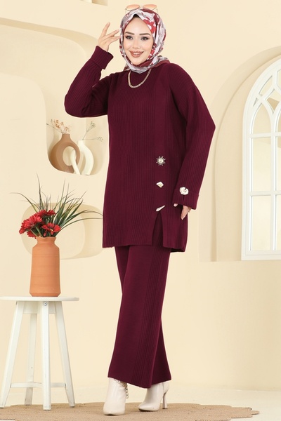 ModaMerve Aksesuar Düğmeli Triko Takım 8052OZN1046-MS Bordo