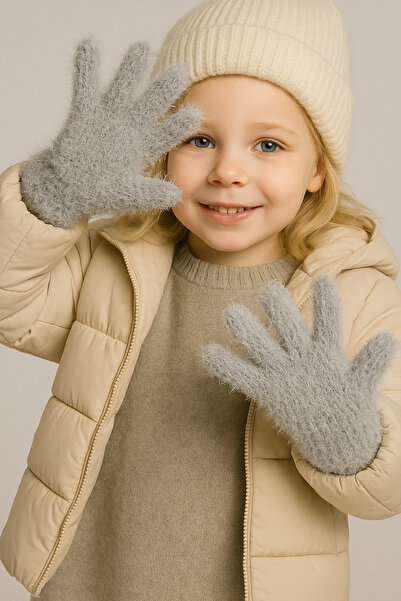ZERAMİNE Plush Children's Gloves 4-9 Years Gray