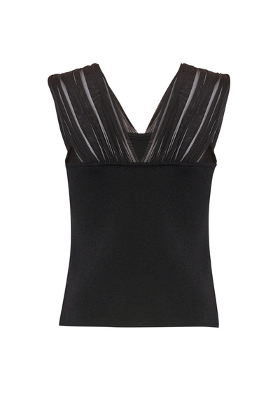 Exquise Pleated Tulle Detailed Sleeveless Knit Blouse