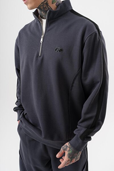 Respire Ανδρικό φούτερ με μισό φερμουάρ με λεπτομέρεια ραμμάτων και διαγώνιο σχέδιο καπνιστό