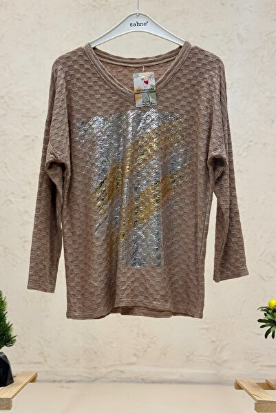 sahnemoda Bluză din catifea importată cu decolteu în V cu model Wave