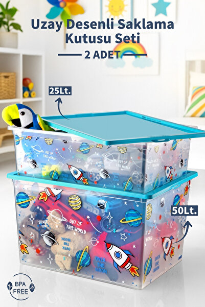 Nandy Home 2'li Uzay Temalı Çok Amaçlı Saklama Kutusu Seti 25-50Lt.