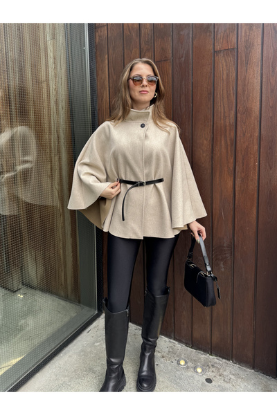 asfamoda Women's Cream Belted Mock Neck Buttoned Cashmere Cape Poncho