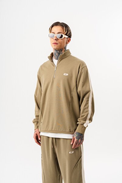 Respire Ανδρικό φούτερ με μισό φερμουάρ με λεπτομέρεια ραφής, διαγώνιο χακί