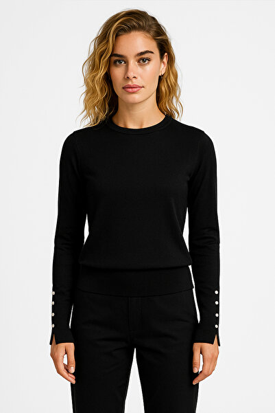 VENA Women's Mona Crew Neck Buttoned Knit Sweater - Black