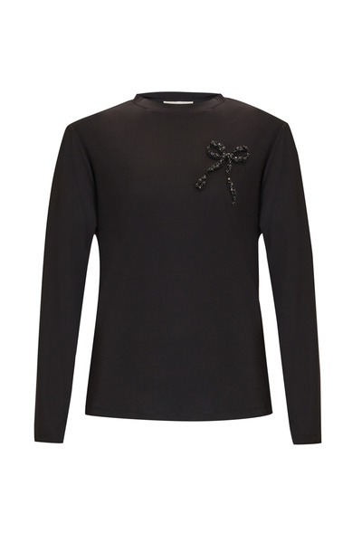 Exquise Crew Neck Long Sleeve Embroidered Woven Blouse