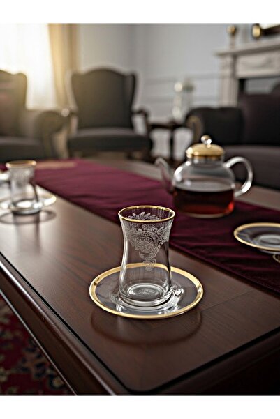 DECOSTYLE Helen Gold Paşabahçe Heybeli Cutwork Decor Tea Set - 6 Person 12 Pieces