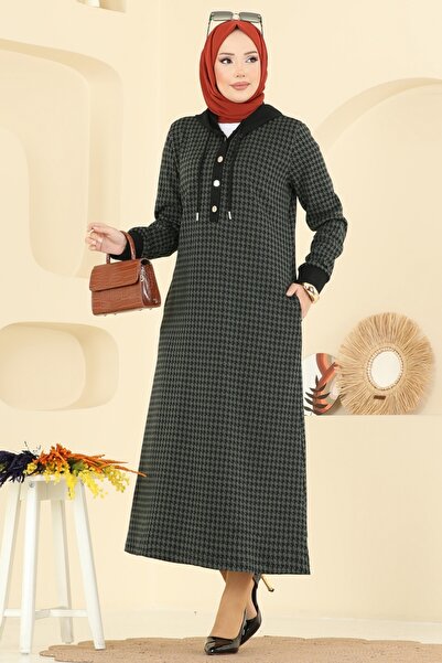 ModaMerve Kazayağı Desenli Tesettür Elbise 4135PM271-MS Haki