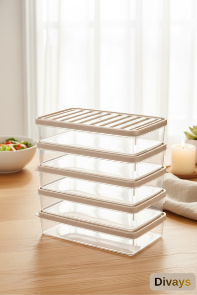 DİVAYS 5 Adet Buzdolabı Düzenleyici Sebzelik Kap Şeffaf Kapaklı Saklama Kabı ...