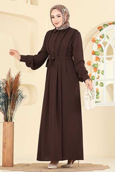 ModaMerve Dantel Detaylı Piliseli Elbise 308ASN888-MS Kahve