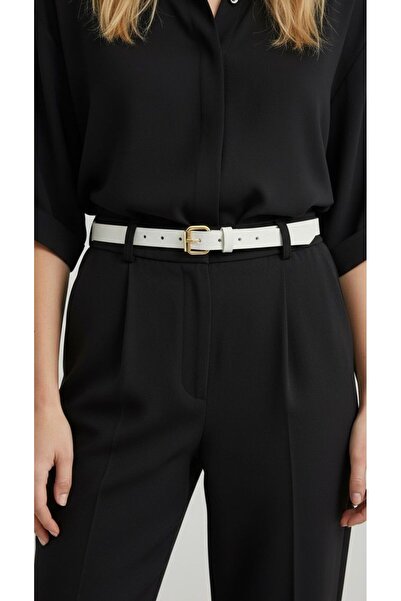 Kemerix Women's Makara Gold Buckle Thin White Belt Trouser Belt Coat Belt Dress Belt Shirt Belt