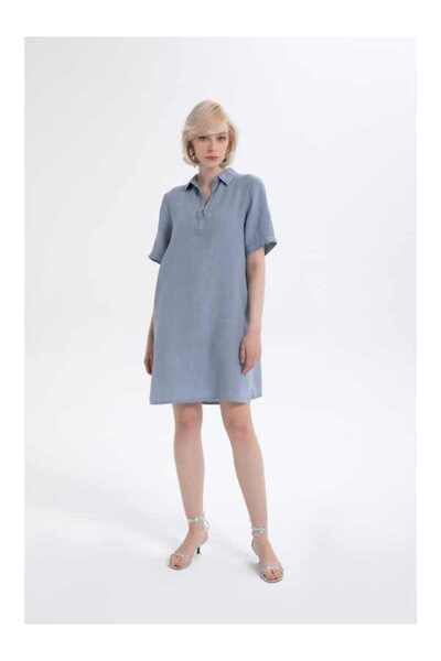 İpekçi Otantik Klasik Yakalı Cepli Keten Tunik Elbise