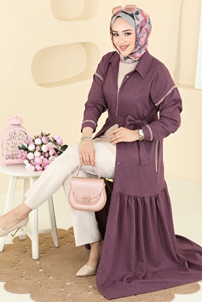 ModaMerve Dantel Detaylı Kemerli Elbise 4130PM271-MS Koyu Gül Kurusu