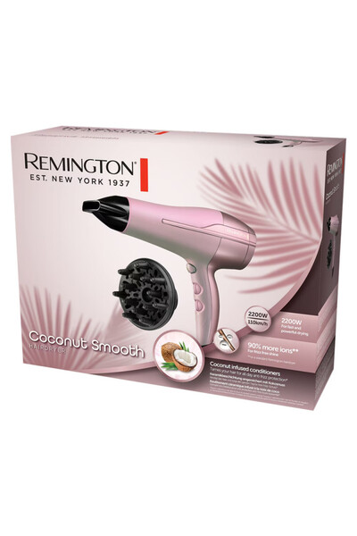 Remington Πιστολάκι μαλλιών Coconut Smooth D5901, 2200W, 2 ταχύτητες, 3 θερμοκρασίες, Cool Shot, Αξεσουάρ, Ροζ