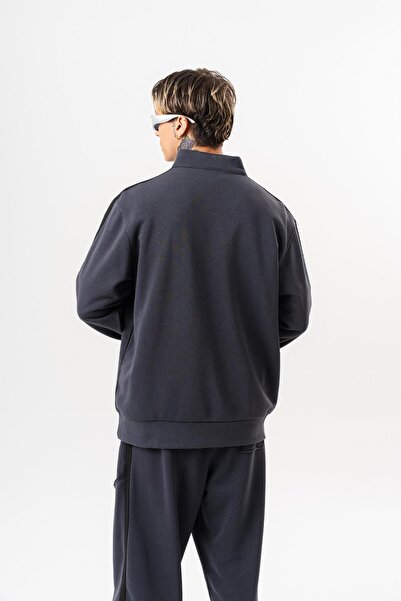 Respire Ανδρικό φούτερ με μισό φερμουάρ με λεπτομέρεια ραμμάτων και διαγώνιο σχέδιο καπνιστό