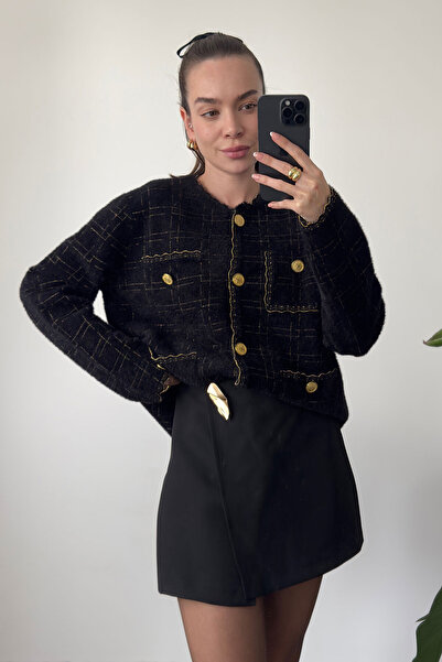 MAGARDE Plaid Pattern Glitter Knitwear Cardigan - Black