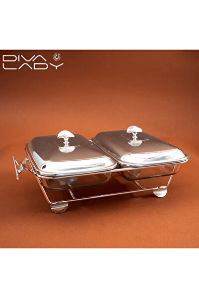 DIVA LADY Luxury double square stainless steel and gold patterned food warmer with 2 candle holders