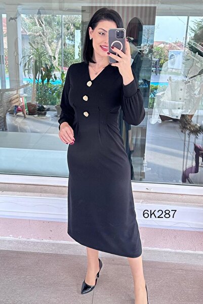 İnce Topuk Button Detail Stretch Fabric Scuba Crepe Dress 6K287