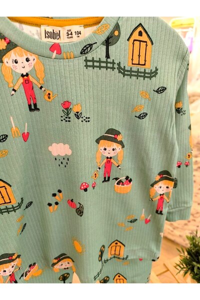 İsobel Kids Girl's Garden Themed Patterned Corded Fabric Interlock Fabric Long Sleeve Pajama Set