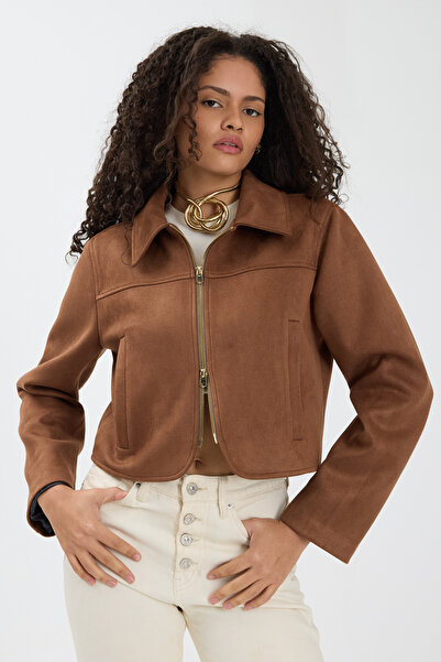 ONE8 Önü Fermuarlı Katlı Yaka Süet Kısa Astarlı Ceket