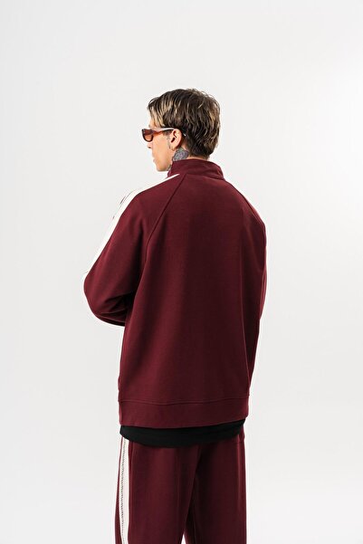 Respire Men's Ffb Striped Detail Mock Neck Doubleface Zip Oversized Sweatshirt Claret Red