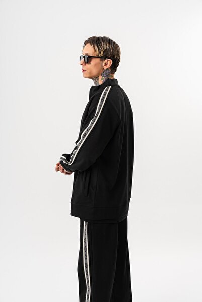 Respire Ανδρικό φούτερ με λεπτομέρεια ρίγες, όρθιο γιακά, διπλό φερμουάρ, oversize, μαύρο