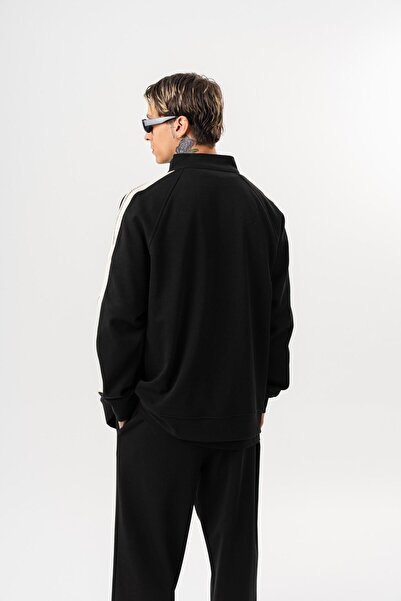 Respire Men's Ffb Striped Detail Mock Neck Doubleface Zip Oversized Sweatshirt Black