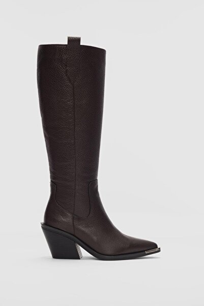 selin shoes Avyssa Hakiki Deri Kısa Fermuarlı Sivri Burun Kadın Çizme- KAHVER...