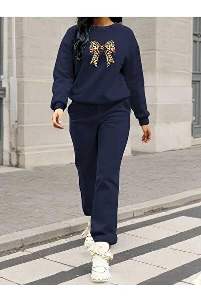 tkn your style Leopard Ribbon Bottom Top Set Fashion Print Design Trend Crew Neck Sweatshirt