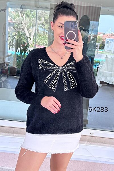 İnce Topuk Pearl V-Neck Bearded Knitwear Blouse 6K283
