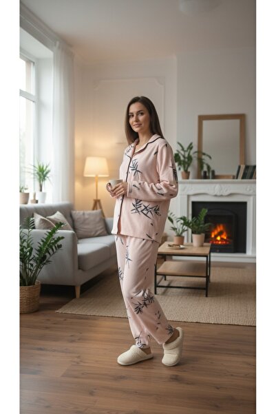 gigigiyim Yaprak Printed Front Buttoned Women's Fleece Pajama Set