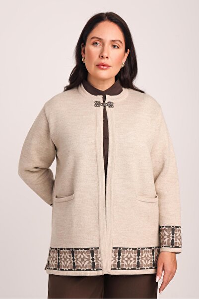Uludağ Triko Cardigan de tricotat Hattush pentru femei, bej, cu model în carouri, cu buzunare și cârlige