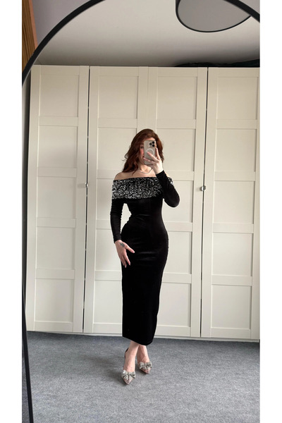 Marbella Women's Sequined Madonna Collar Velvet Stylish Evening New Year's Dress