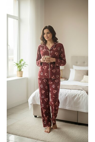 gigigiyim Heart Patterned Buttoned Front Fleece Pajama Set