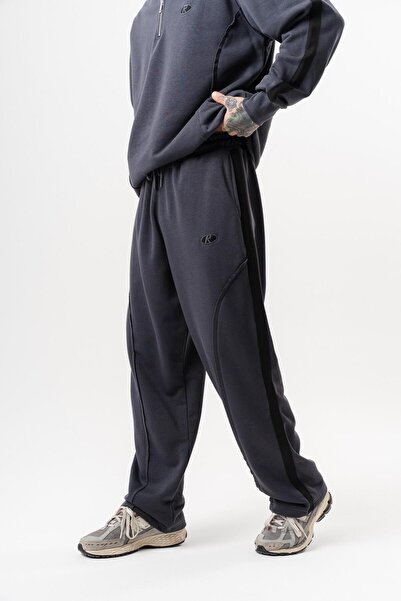 Respire Men's Diagonel Baggy Sweatpants with Dirty Stitch Detail, Smoked