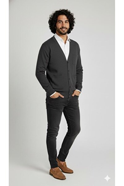Kuraff Giyim Men's Casual Thin Wool Knitwear V-Neck Buttoned Cardigan