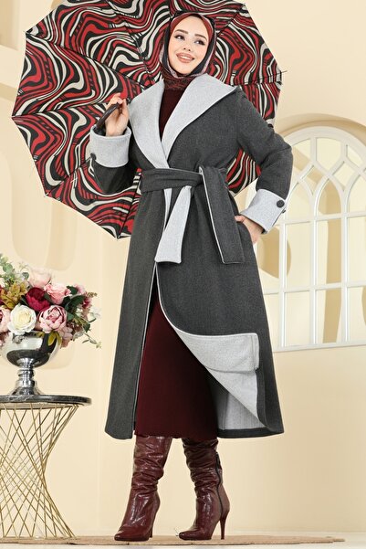 ModaMerve Kruvaze Yaka Kaşe Kaban 6662YG95-MS Antrasit