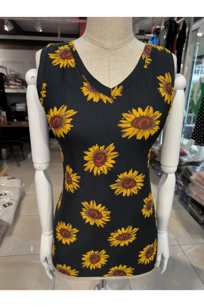 GENCULUS Women's V-Neck Sleeveless Sunflower Pattern Crepe Blouse